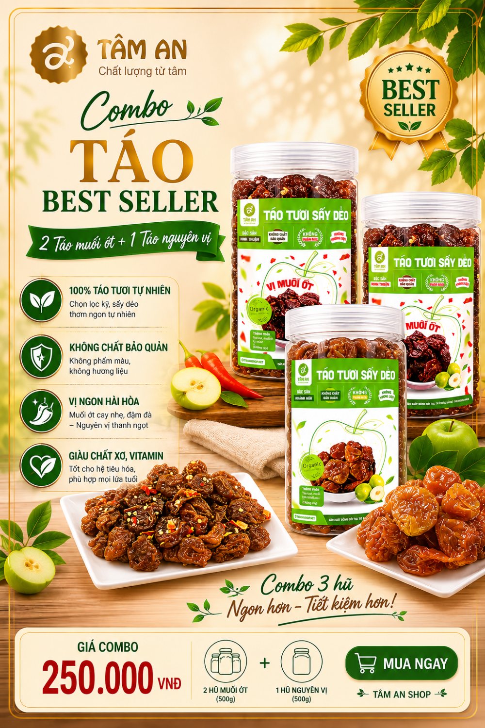 Combo Táo Best Seller Tâm An – 3 Hũ Táo Sấy Dẻo Ngon