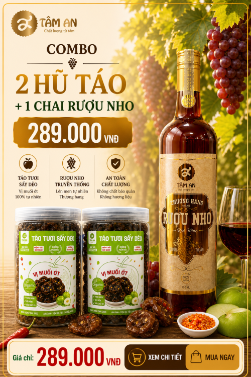 COMBO TÂM AN: 2 HŨ TÁO SẤY DẺO + 1 CHAI RƯỢU NHO – GIÁ CHỈ 289.000Đ