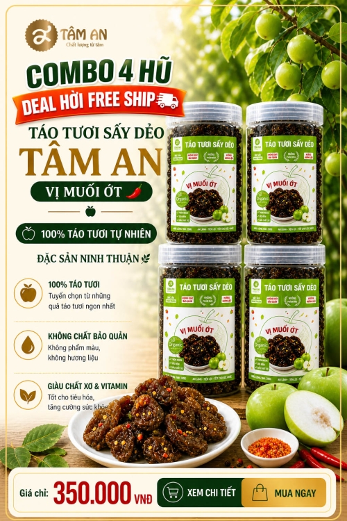Combo 4 Hũ Táo Sấy Dẻo Tâm An – Free Ship Toàn Quốc Giá 350K